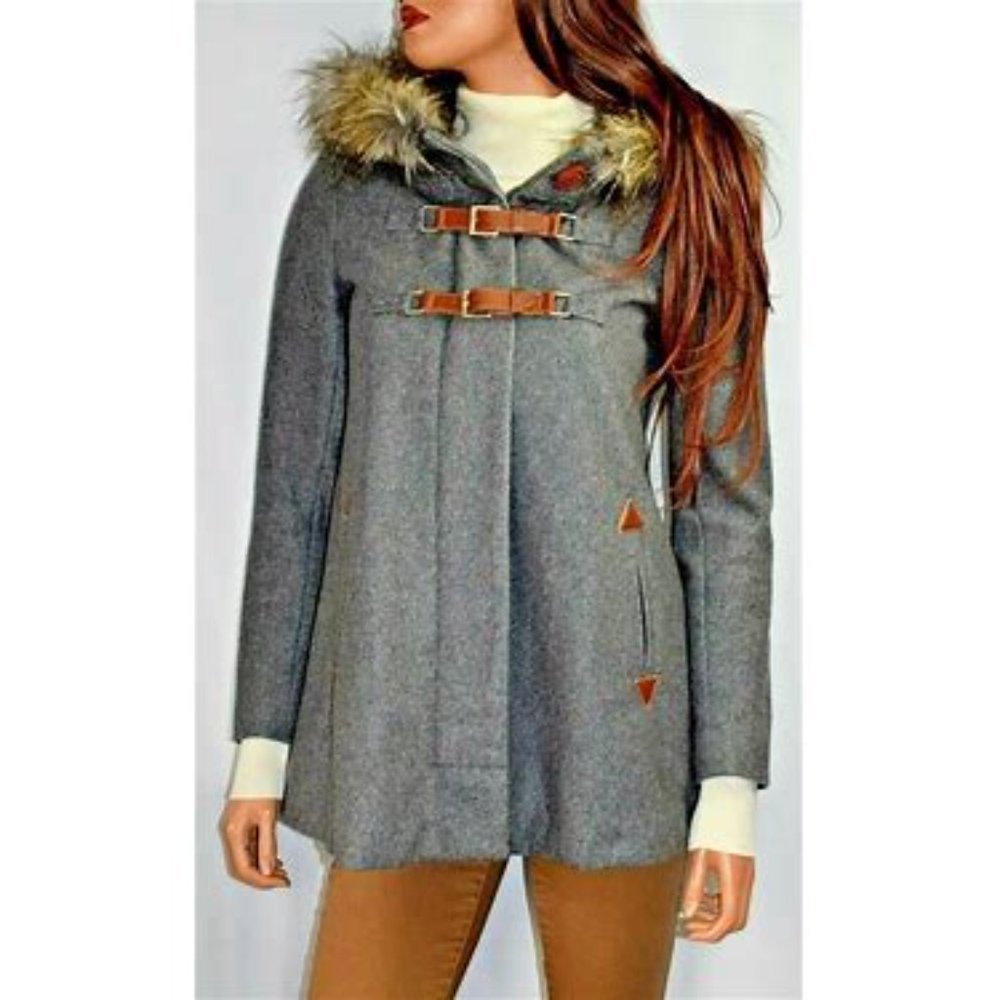 Anthropologie Gray Toggle Coat with Faux Fur Trim